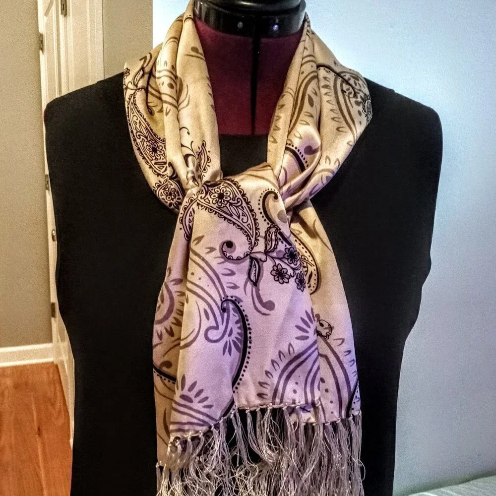 Chinese Paisley Print Silk Oblong Fringed Scarf